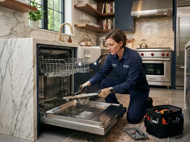 Appliance Repair Hero technician servicing a built-in dishwasher in a Bristow, VA kitchen