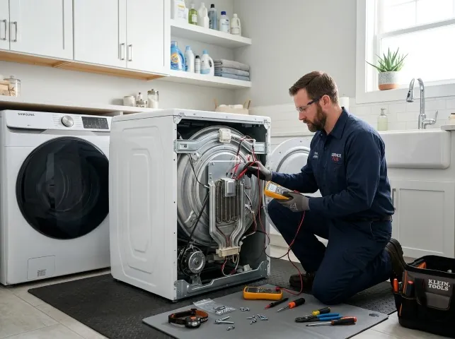 Appliance Repair Hero technician checking a dryer heating element with the rear panel off in Bristow, VA