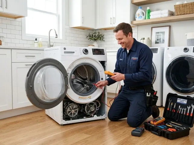 Appliance Repair Hero technician testing a front-load washer with a multimeter on a Bristow, VA service call